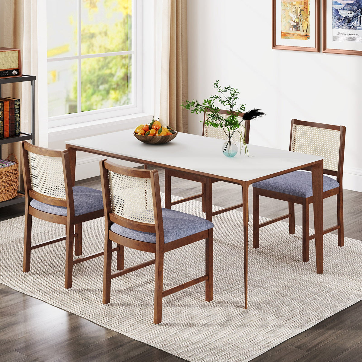 Rattan Dining Chair Set of 2 with Rubber Wood Frame and Linen Fabric Padded Seat-Walnut-Dining Chairs-DECOROLALA
