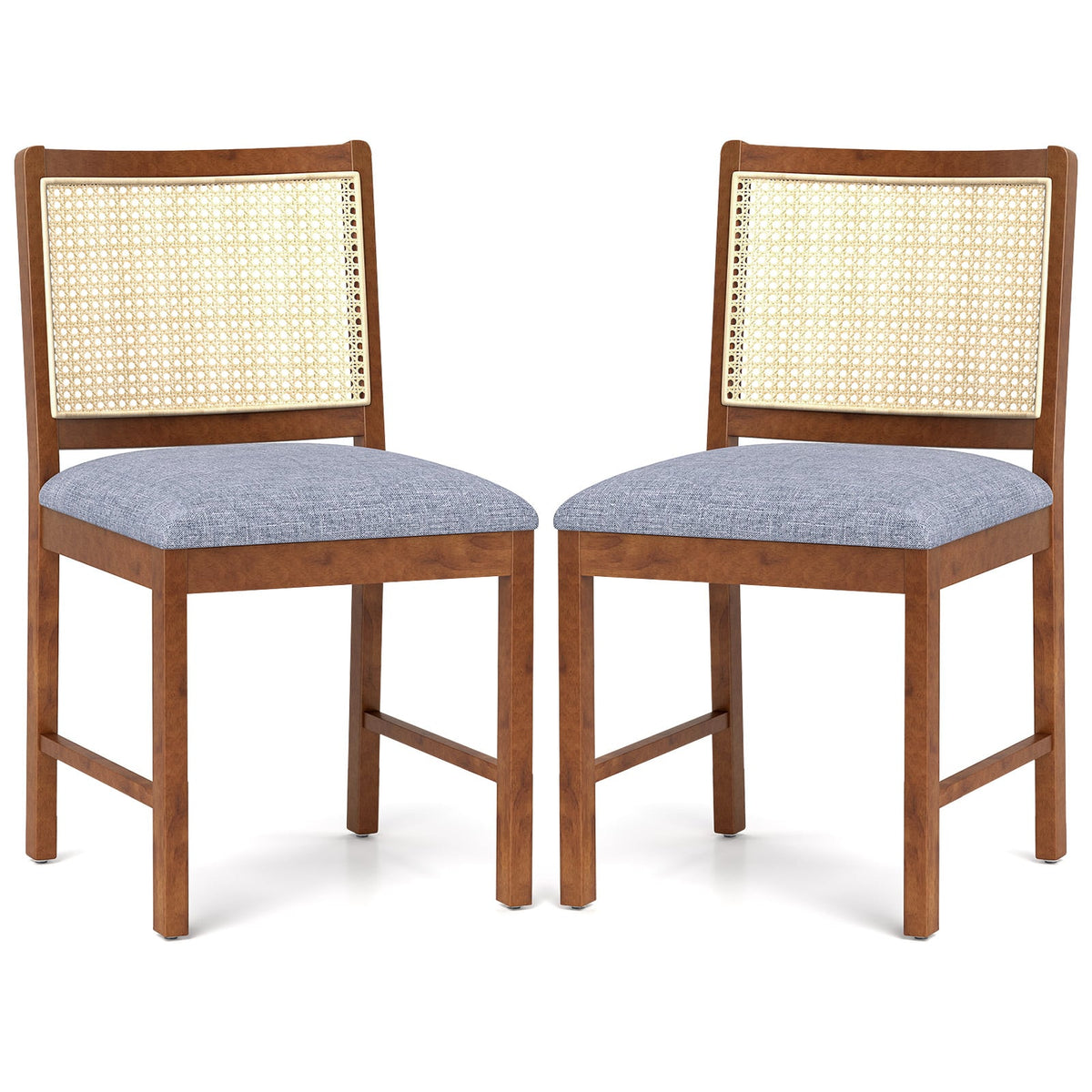 Rattan Dining Chair Set of 2 with Rubber Wood Frame and Linen Fabric Padded Seat-Walnut-Dining Chairs-DECOROLALA