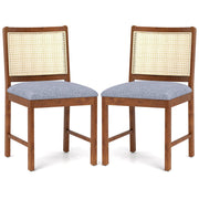 Rattan Dining Chair Set of 2 with Rubber Wood Frame and Linen Fabric Padded Seat-Walnut-Dining Chairs-DECOROLALA