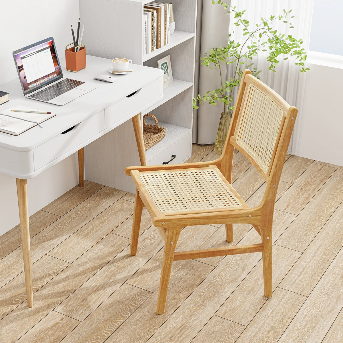 Rattan Dining Chair with Natural Cane Woven Backrest and Teak Wood Frame-Dining Chairs-DECOROLALA