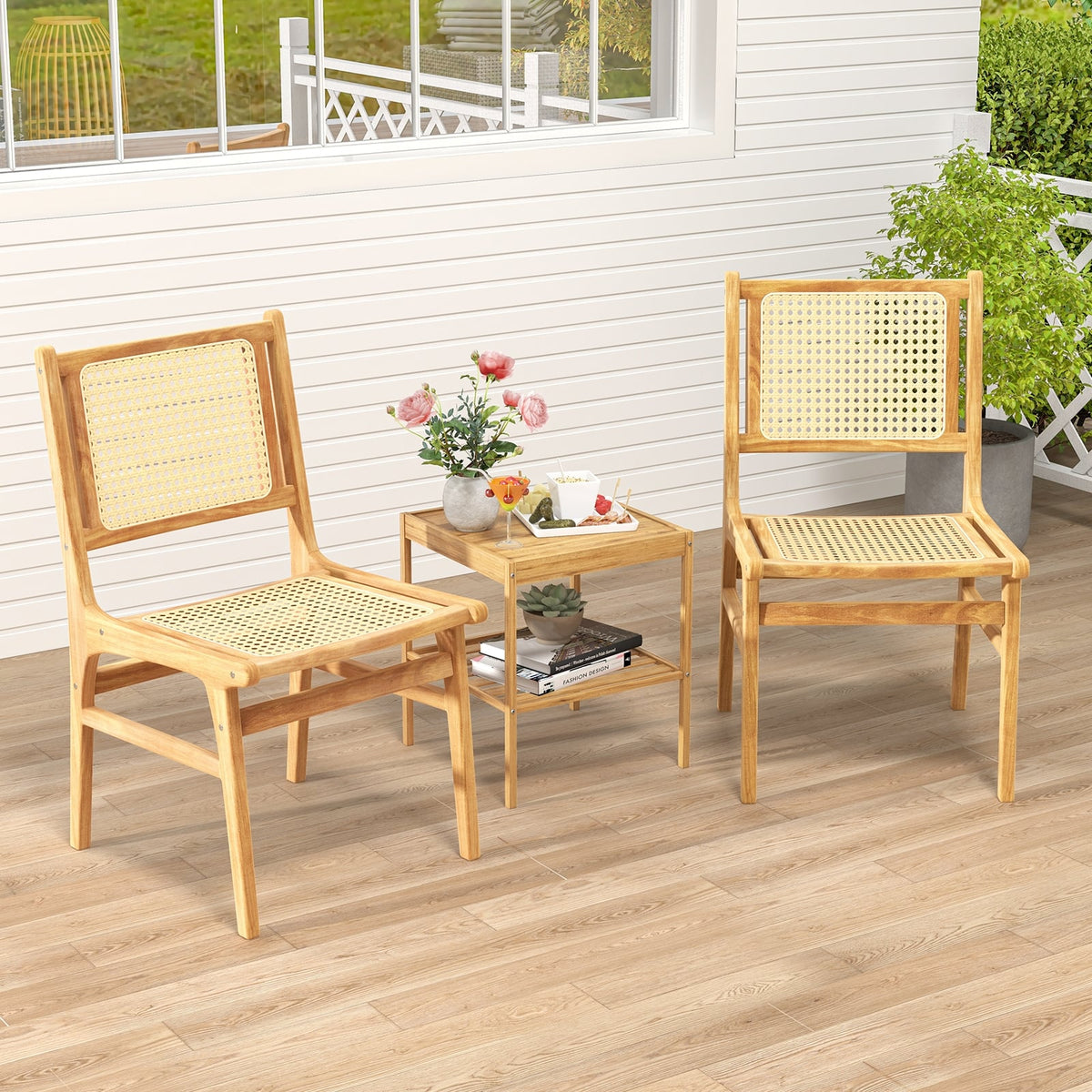 Rattan Dining Chair with Natural Cane Woven Backrest and Teak Wood Frame-Dining Chairs-DECOROLALA