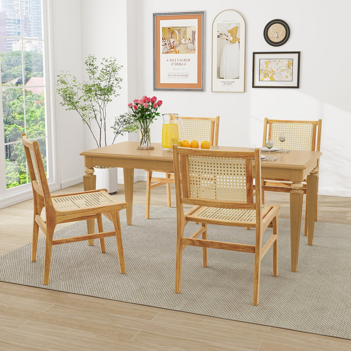 Rattan Dining Chair with Natural Cane Woven Backrest and Teak Wood Frame-Dining Chairs-DECOROLALA