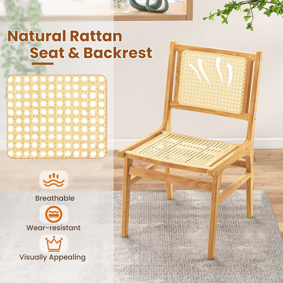 Rattan Dining Chair with Natural Cane Woven Backrest and Teak Wood Frame-Dining Chairs-DECOROLALA