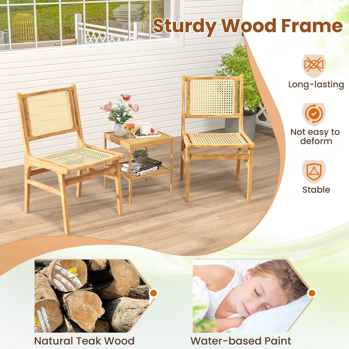 Rattan Dining Chair with Natural Cane Woven Backrest and Teak Wood Frame-Dining Chairs-DECOROLALA