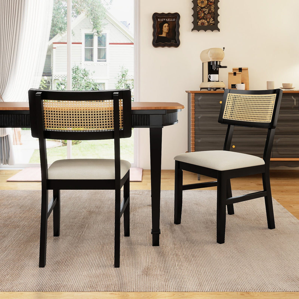 Rattan Dining Chairs Set of 2 Fabric Upholstered Kitchen Chairs with Padded Seat and Rubber Wood Legs-Black-Dining Chairs-DECOROLALA