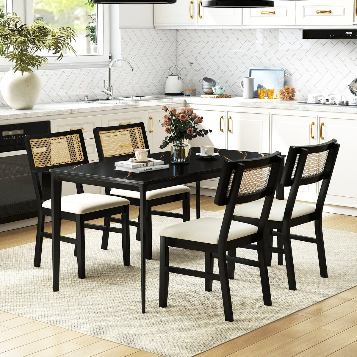 Rattan Dining Chairs Set of 2 Fabric Upholstered Kitchen Chairs with Padded Seat and Rubber Wood Legs-Black-Dining Chairs-DECOROLALA