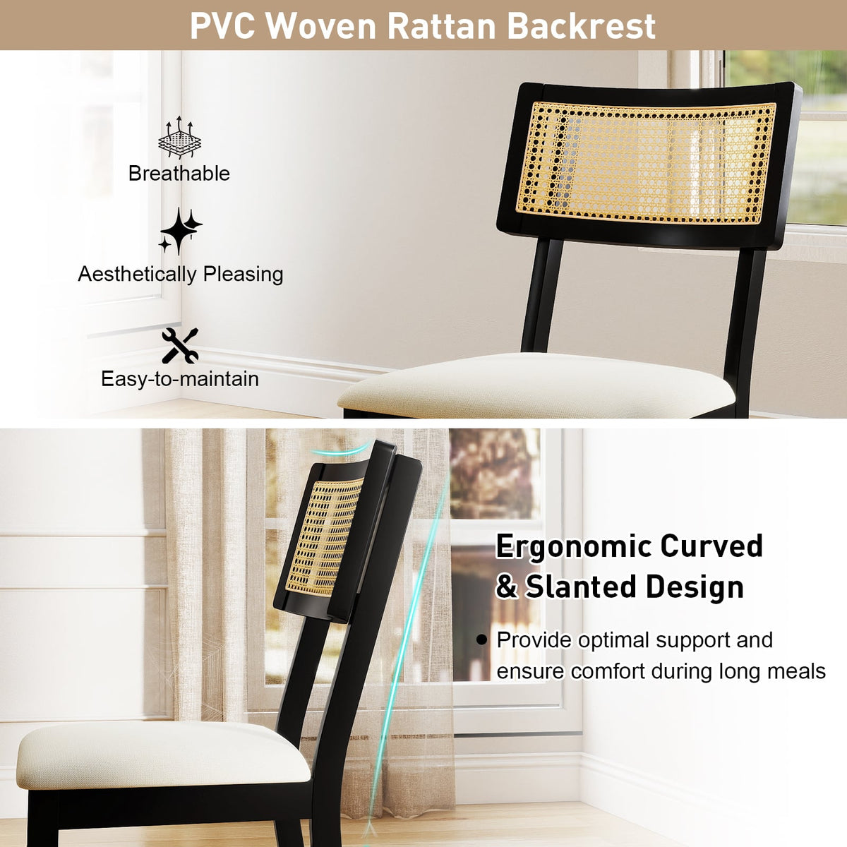 Rattan Dining Chairs Set of 2 Fabric Upholstered Kitchen Chairs with Padded Seat and Rubber Wood Legs-Black-Dining Chairs-DECOROLALA