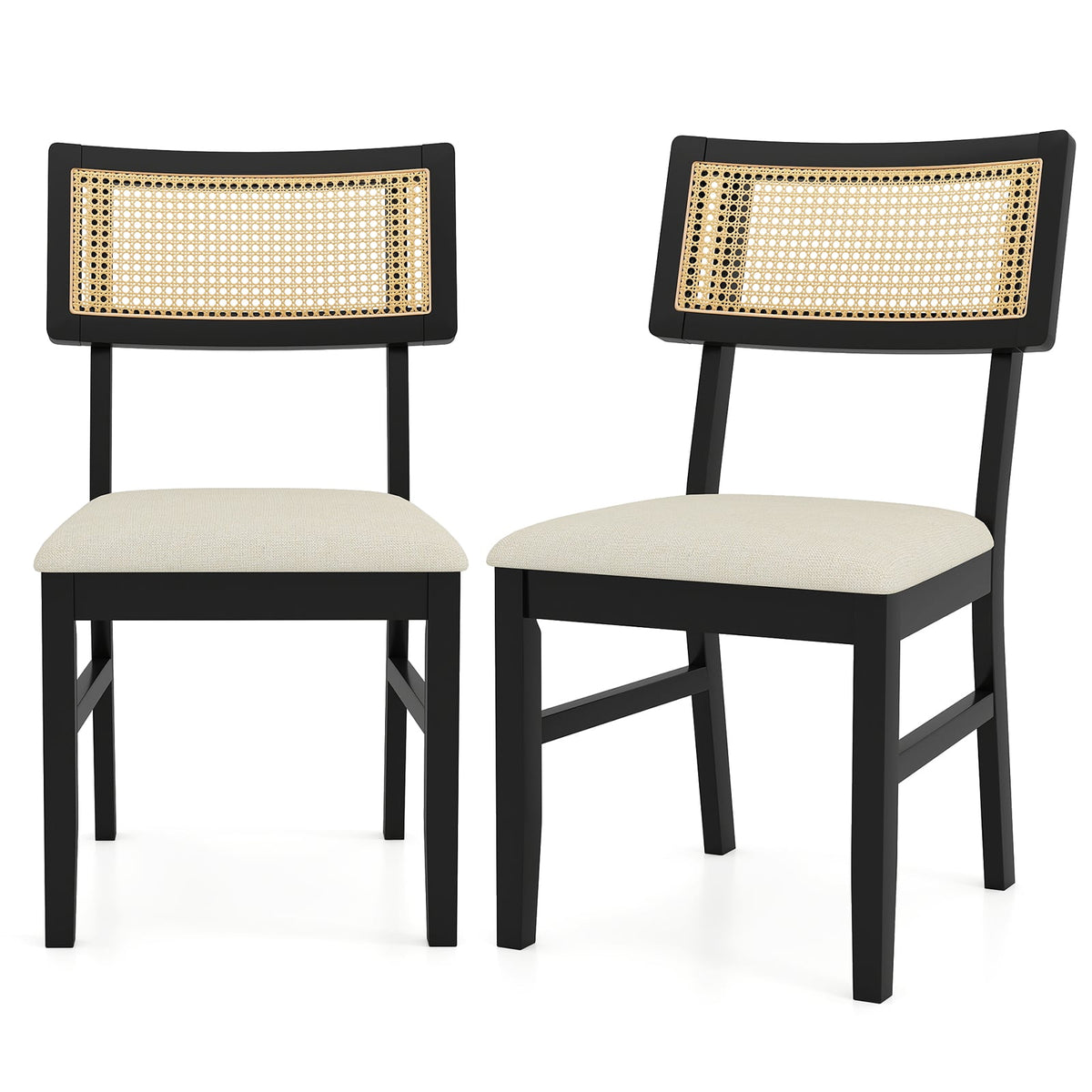 Rattan Dining Chairs Set of 2 Fabric Upholstered Kitchen Chairs with Padded Seat and Rubber Wood Legs-Black-Dining Chairs-DECOROLALA