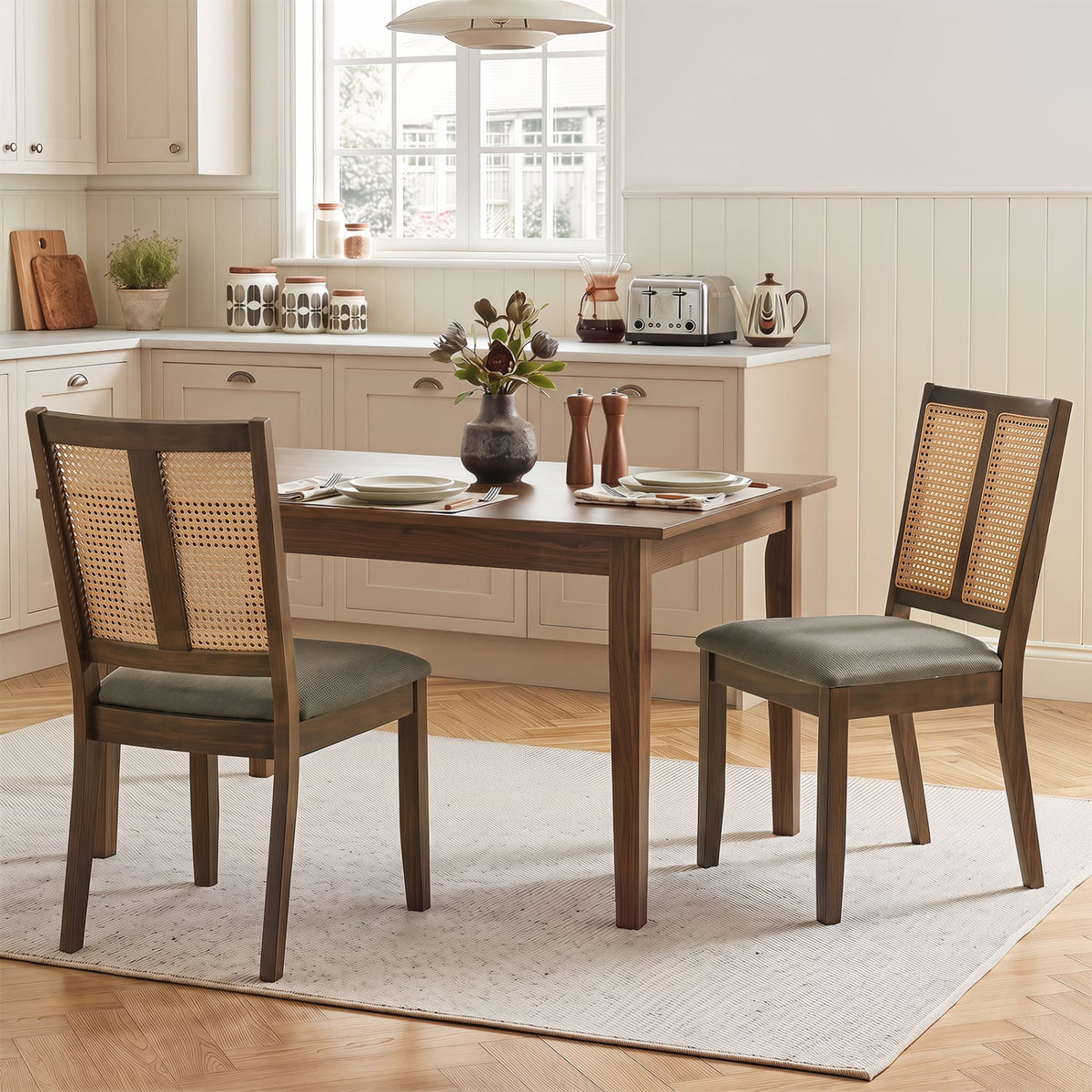 Rattan Dining Chairs Set of 2 with Curved Backrest & Padded Seat for Dining Room-Gray-Dining Chairs-DECOROLALA