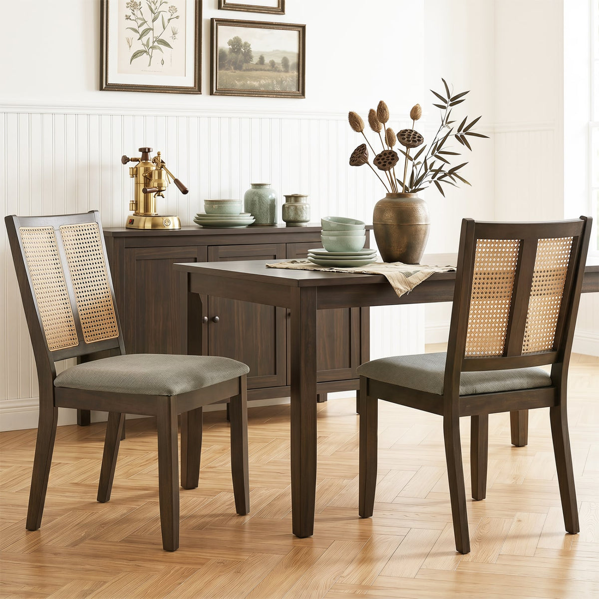 Rattan Dining Chairs Set of 2 with Curved Backrest & Padded Seat for Dining Room-Gray-Dining Chairs-DECOROLALA