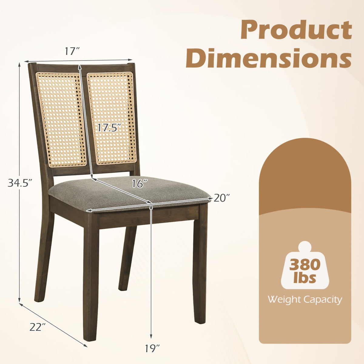 Rattan Dining Chairs Set of 2 with Curved Backrest & Padded Seat for Dining Room-Gray-Dining Chairs-DECOROLALA