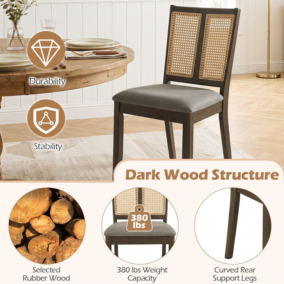 Rattan Dining Chairs Set of 2 with Curved Backrest & Padded Seat for Dining Room-Gray-Dining Chairs-DECOROLALA