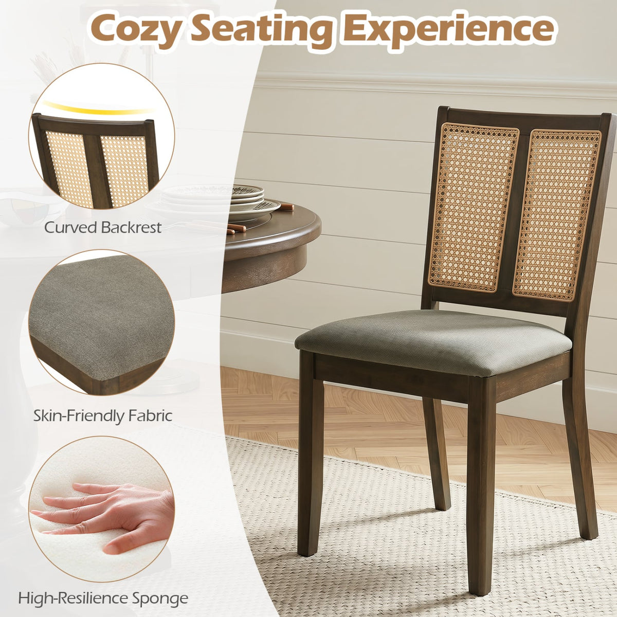 Rattan Dining Chairs Set of 2 with Curved Backrest & Padded Seat for Dining Room-Gray-Dining Chairs-DECOROLALA