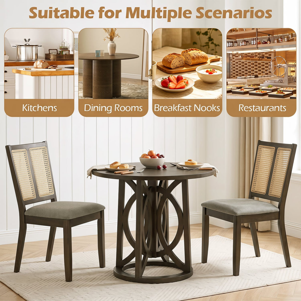 Rattan Dining Chairs Set of 2 with Curved Backrest & Padded Seat for Dining Room-Gray-Dining Chairs-DECOROLALA