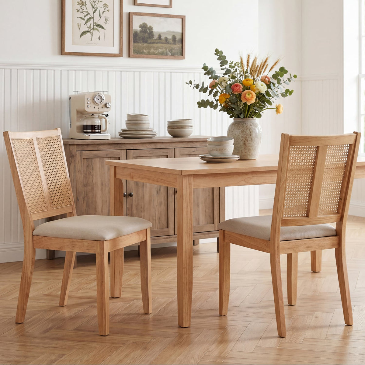 Rattan Dining Chairs Set of 2 with Curved Backrest & Padded Seat for Dining Room-Natural-Dining Chairs-DECOROLALA