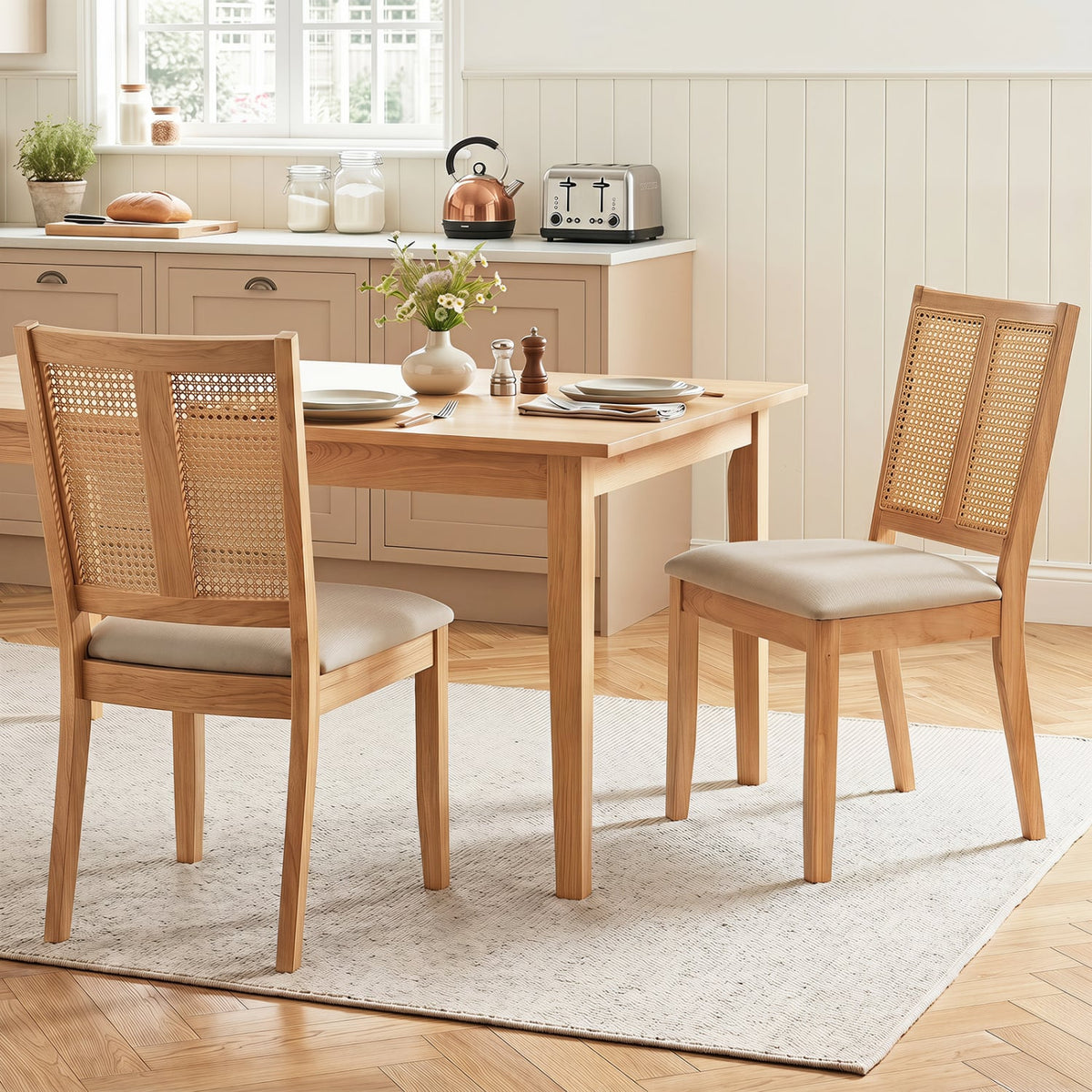Rattan Dining Chairs Set of 2 with Curved Backrest & Padded Seat for Dining Room-Natural-Dining Chairs-DECOROLALA