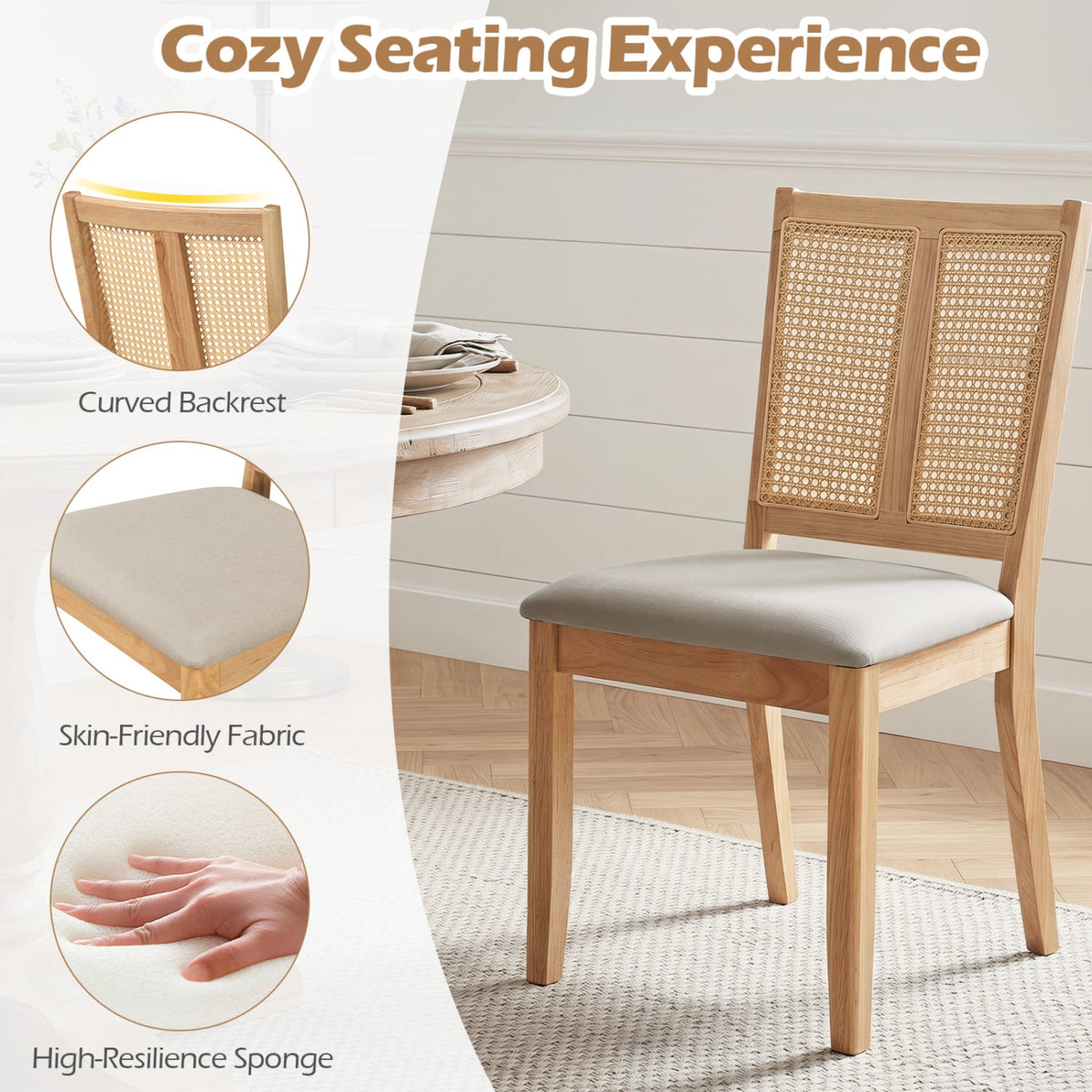 Rattan Dining Chairs Set of 2 with Curved Backrest & Padded Seat for Dining Room-Natural-Dining Chairs-DECOROLALA