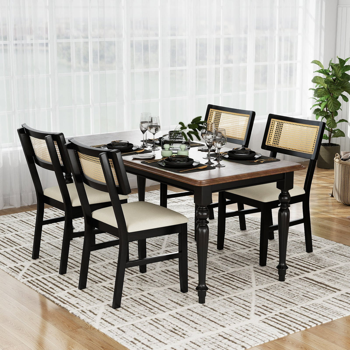 Rattan Dining Chairs Set of 4 Fabric Upholstered Kitchen Chairs with Padded Seat and Rubber Wood Legs-Black-Dining Chairs-DECOROLALA