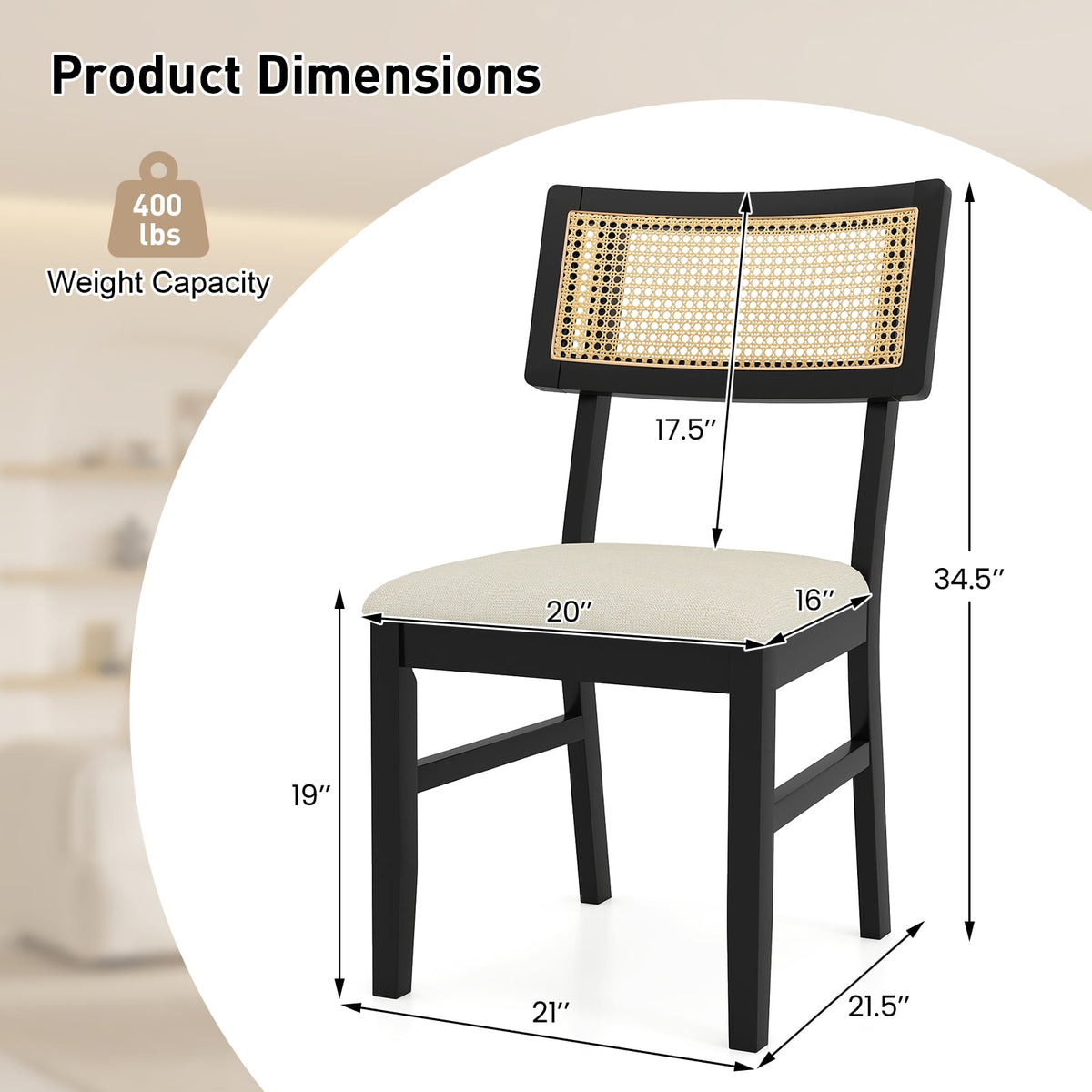 Rattan Dining Chairs Set of 4 Fabric Upholstered Kitchen Chairs with Padded Seat and Rubber Wood Legs-Black-Dining Chairs-DECOROLALA