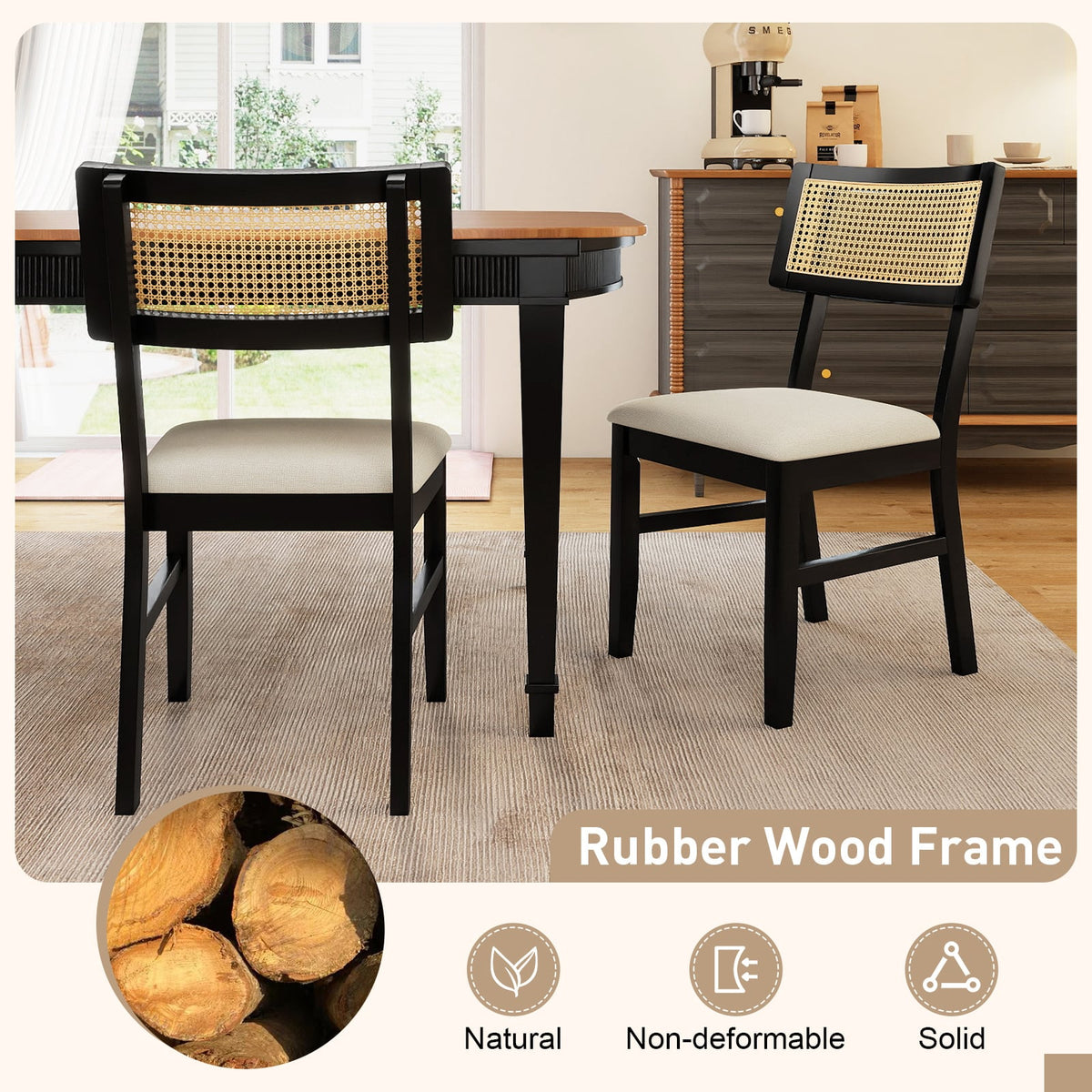 Rattan Dining Chairs Set of 4 Fabric Upholstered Kitchen Chairs with Padded Seat and Rubber Wood Legs-Black-Dining Chairs-DECOROLALA