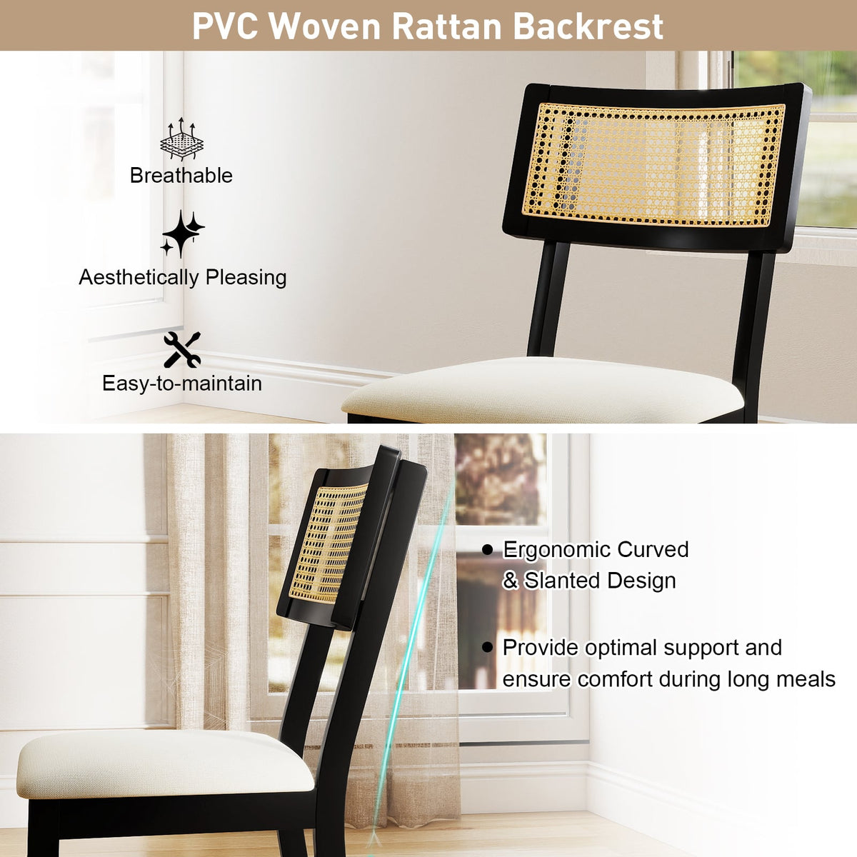 Rattan Dining Chairs Set of 4 Fabric Upholstered Kitchen Chairs with Padded Seat and Rubber Wood Legs-Black-Dining Chairs-DECOROLALA