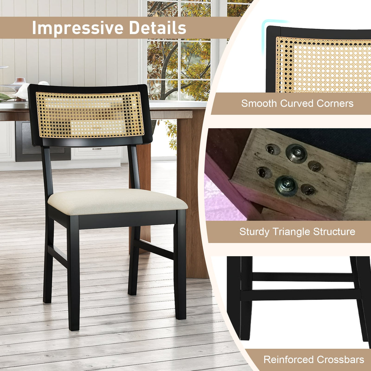 Rattan Dining Chairs Set of 4 Fabric Upholstered Kitchen Chairs with Padded Seat and Rubber Wood Legs-Black-Dining Chairs-DECOROLALA