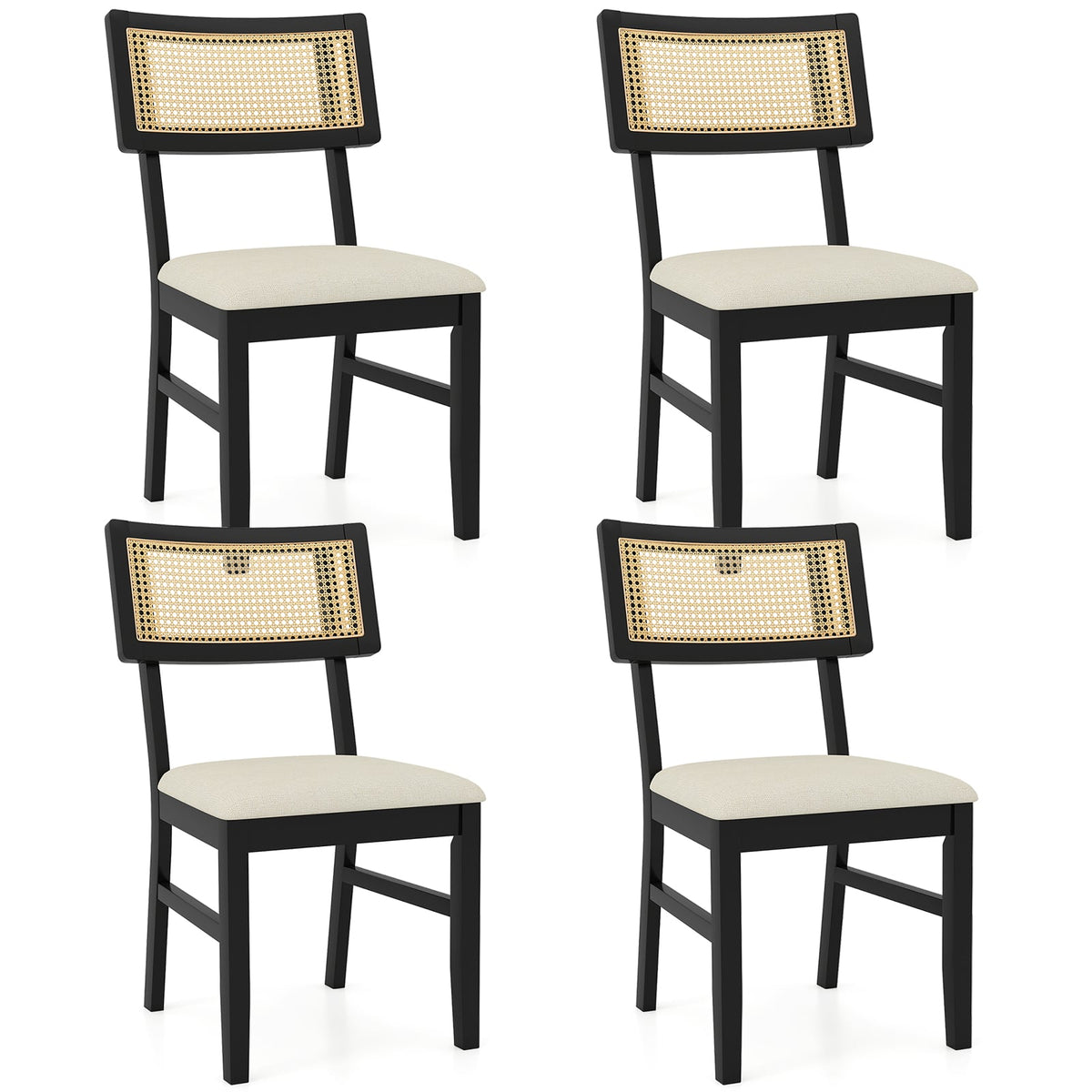 Rattan Dining Chairs Set of 4 Fabric Upholstered Kitchen Chairs with Padded Seat and Rubber Wood Legs-Black-Dining Chairs-DECOROLALA