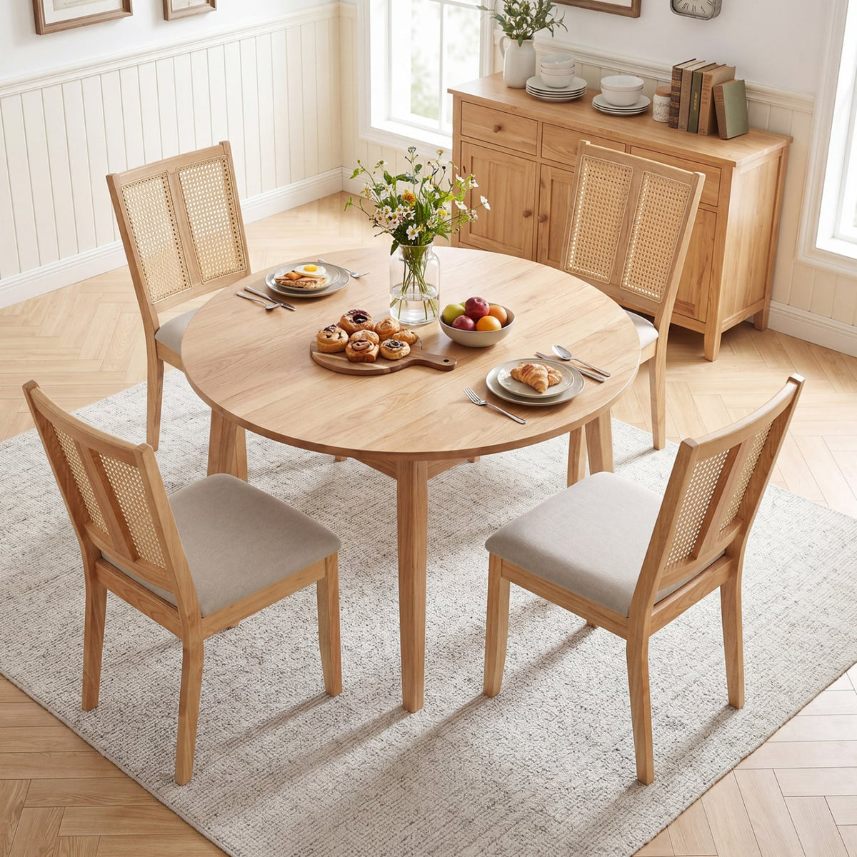 Rattan Dining Chairs Set of 4 with Curved Backrest & Padded Seat for Dining Room-Natural-Dining Chairs-DECOROLALA