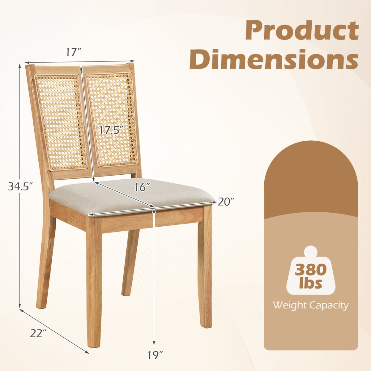 Rattan Dining Chairs Set of 4 with Curved Backrest & Padded Seat for Dining Room-Natural-Dining Chairs-DECOROLALA