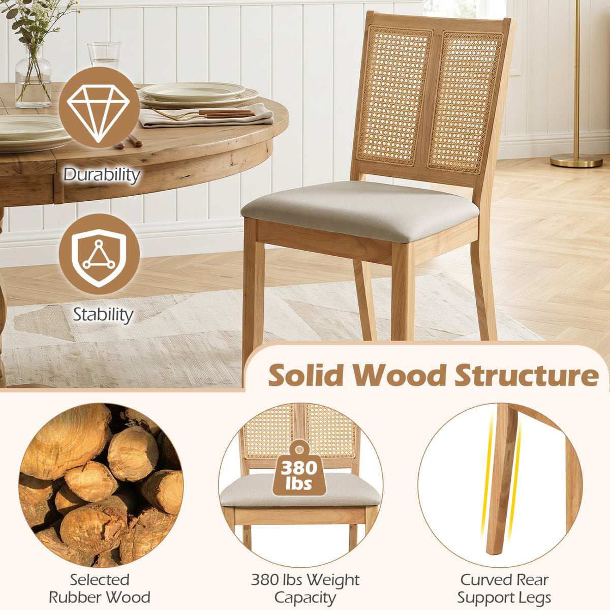 Rattan Dining Chairs Set of 4 with Curved Backrest & Padded Seat for Dining Room-Natural-Dining Chairs-DECOROLALA