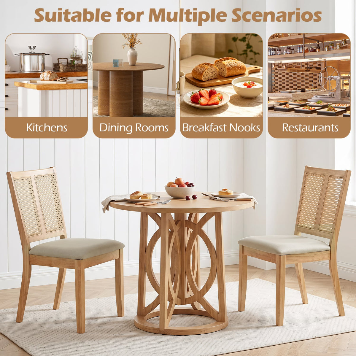 Rattan Dining Chairs Set of 4 with Curved Backrest & Padded Seat for Dining Room-Natural-Dining Chairs-DECOROLALA