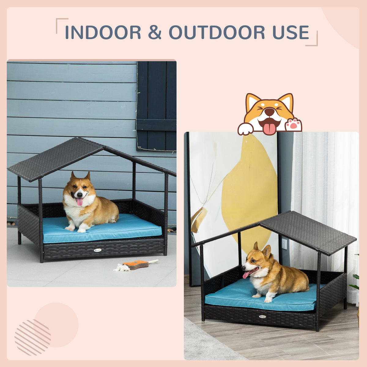 Rattan Dog House with Canopy - Blue Wicker Pet Bed 38.5"W-Dogs-DECOROLALA