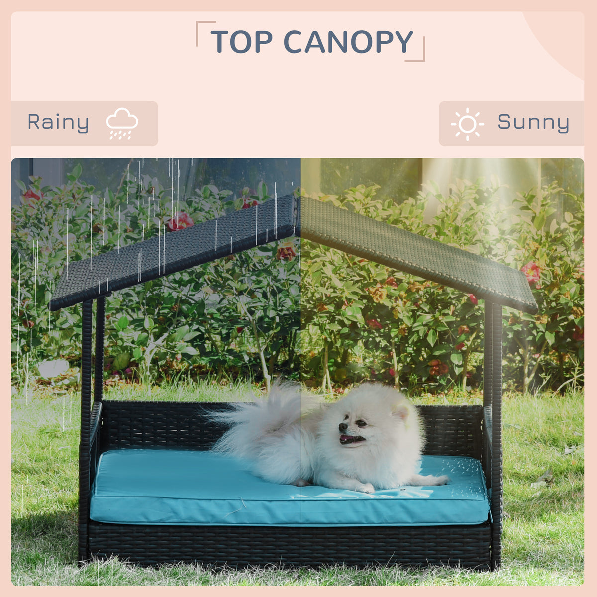 Rattan Dog House with Canopy - Blue Wicker Pet Bed 38.5"W-Dogs-DECOROLALA
