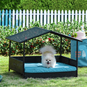 Rattan Dog House with Canopy - Blue Wicker Pet Bed 38.5"W-Dogs-DECOROLALA