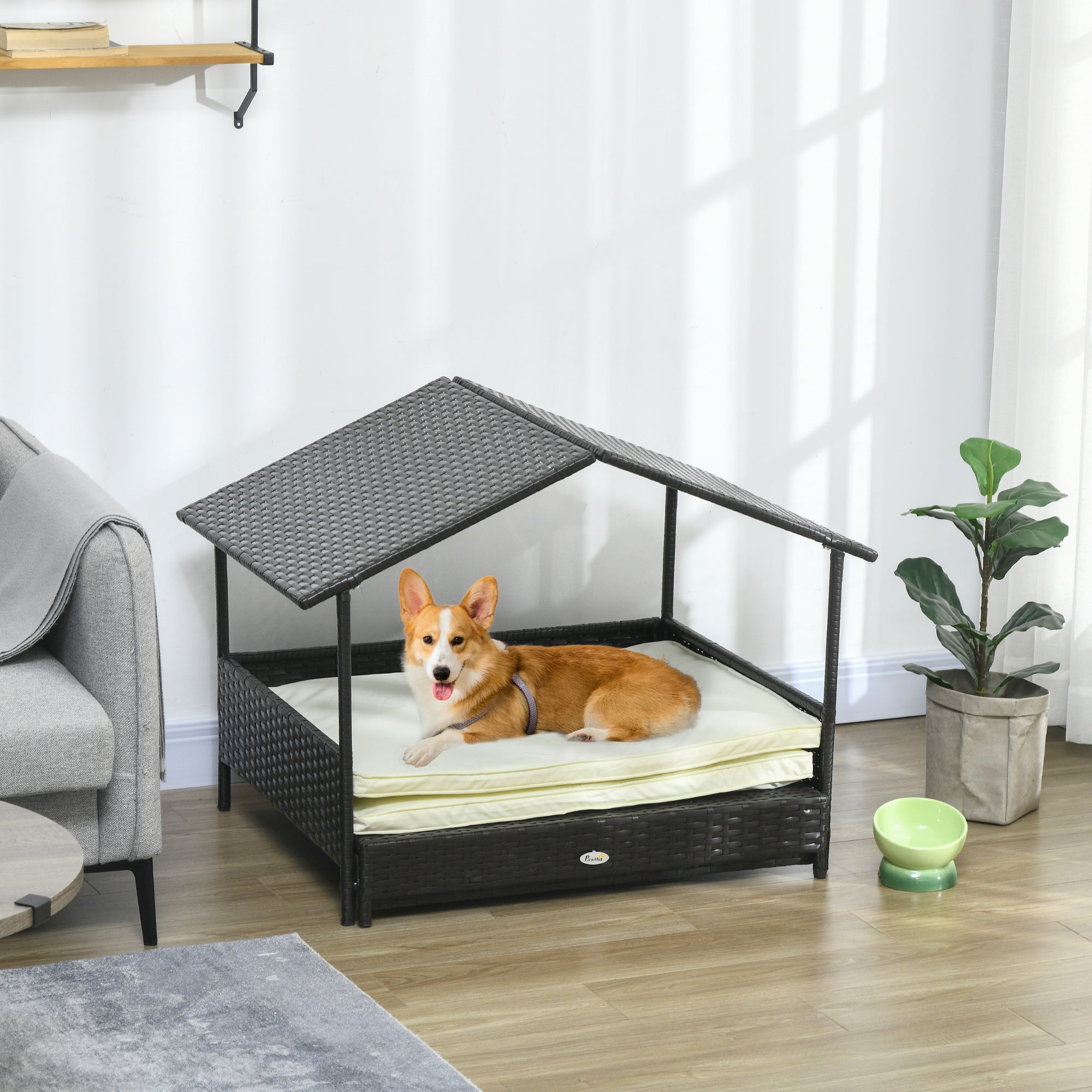 Rattan Dog House with Canopy - Cream White Wicker Pet Bed-Dogs-DECOROLALA