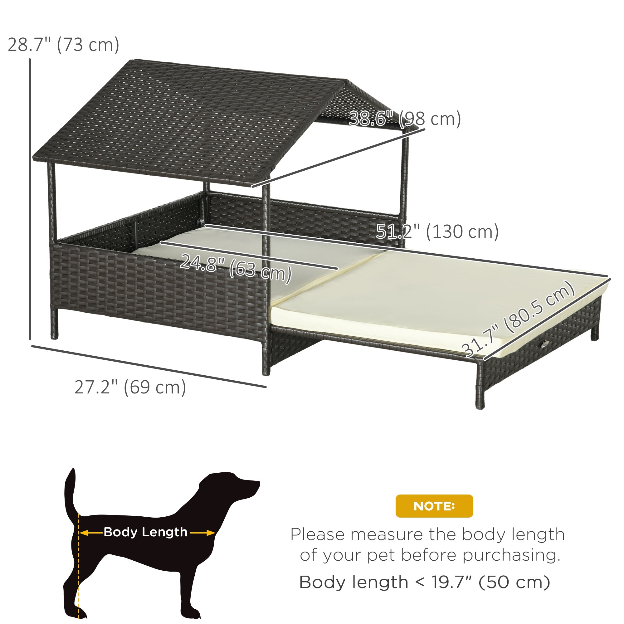 Rattan Dog House with Canopy, Wicker Dog Bed with Water-Resistant Cushion, for Small and Medium Breeds Cream White-Dogs-DECOROLALA