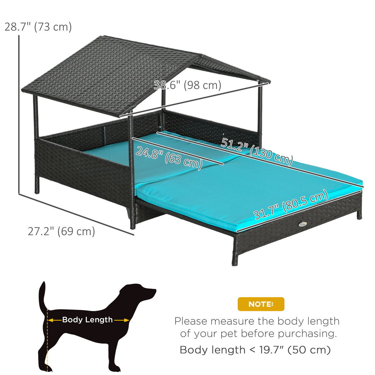 Rattan Dog House with Canopy and Cushion - Blue 39" Elevated-Dogs-DECOROLALA