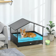 Rattan Dog House with Canopy and Cushion - Blue 39" Elevated-Dogs-DECOROLALA