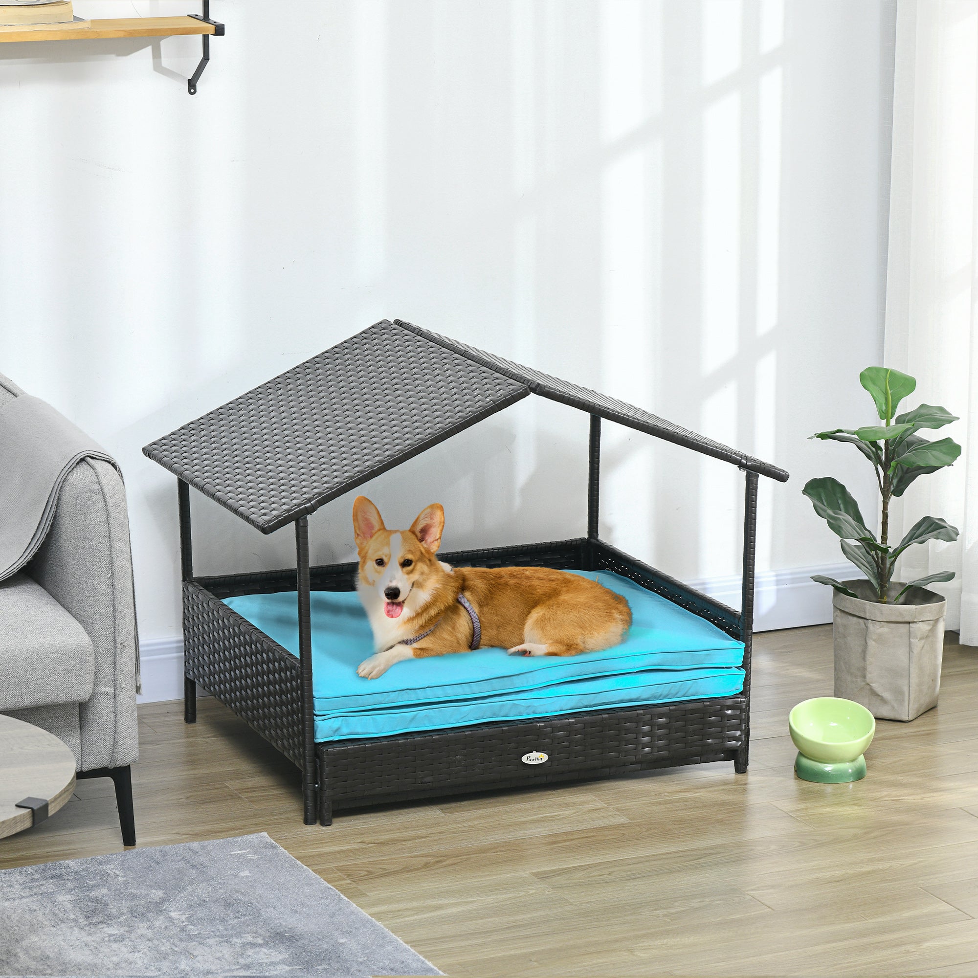 Rattan Dog House with Canopy and Cushion - Blue 39" Elevated-Dogs-DECOROLALA