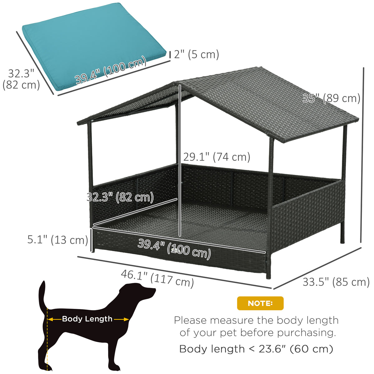 Rattan Dog House with Canopy and Water-Resistant Cushion - Blue-Dogs-DECOROLALA