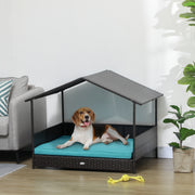 Rattan Dog House with Canopy and Water-Resistant Cushion - Blue-Dogs-DECOROLALA