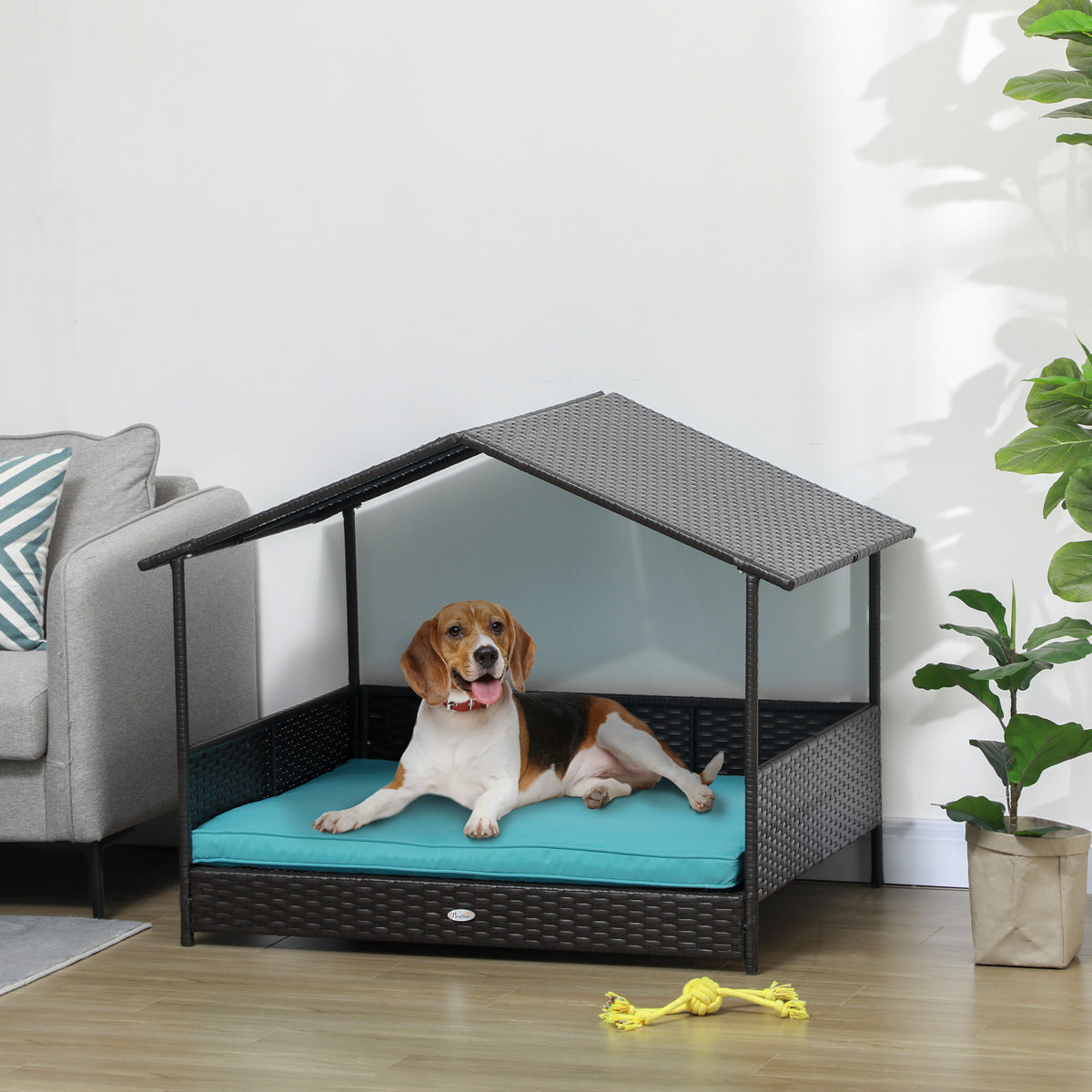 Rattan Dog House with Canopy and Water-Resistant Cushion - Blue-Dogs-DECOROLALA