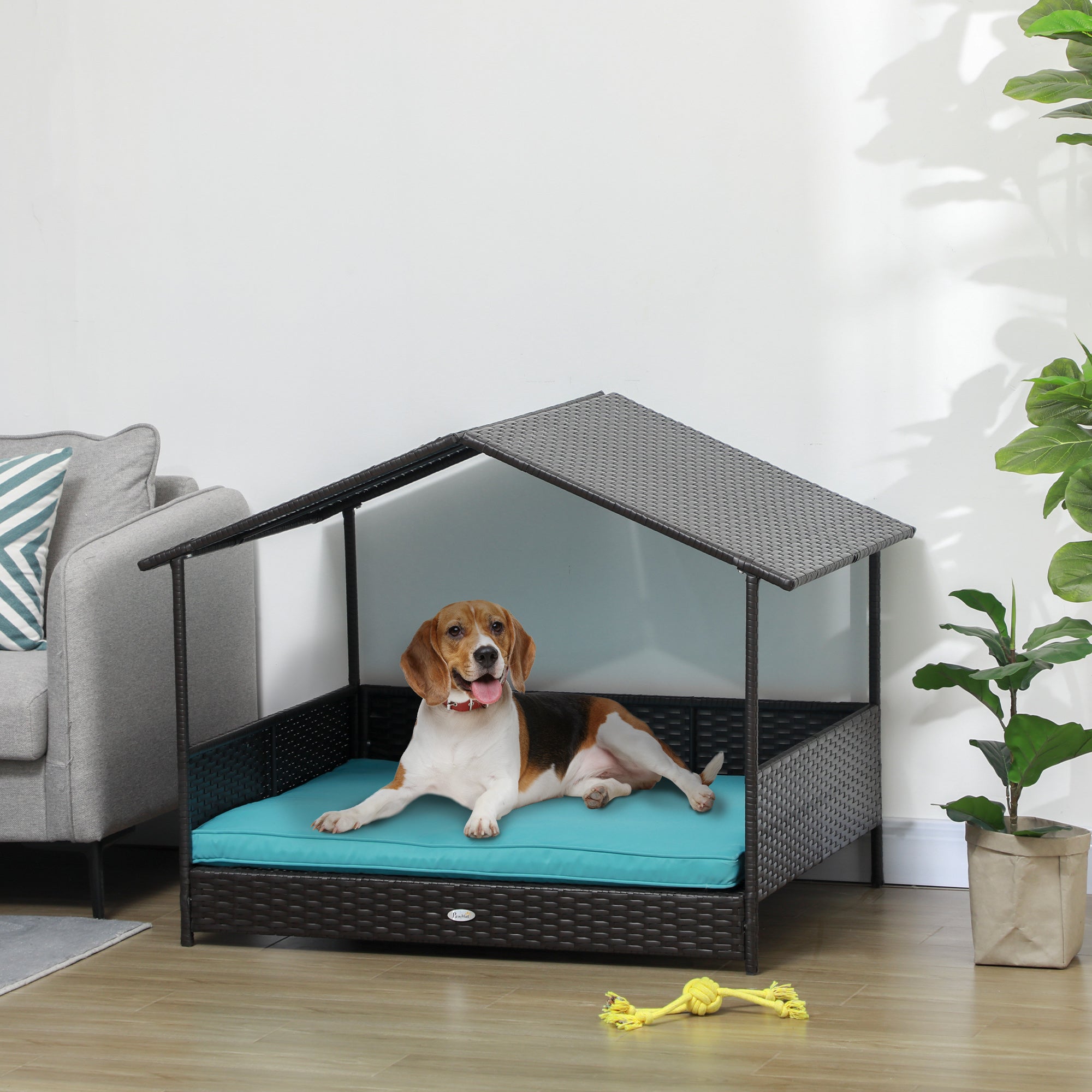 Rattan Dog House with Canopy and Water-Resistant Cushion - Blue-Dogs-DECOROLALA