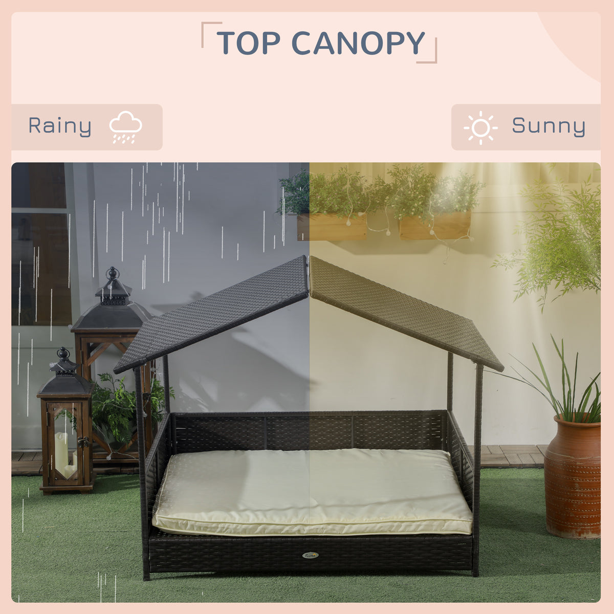 Rattan Dog House with Canopy and Water-Resistant Cushion - Cream White-Dogs-DECOROLALA