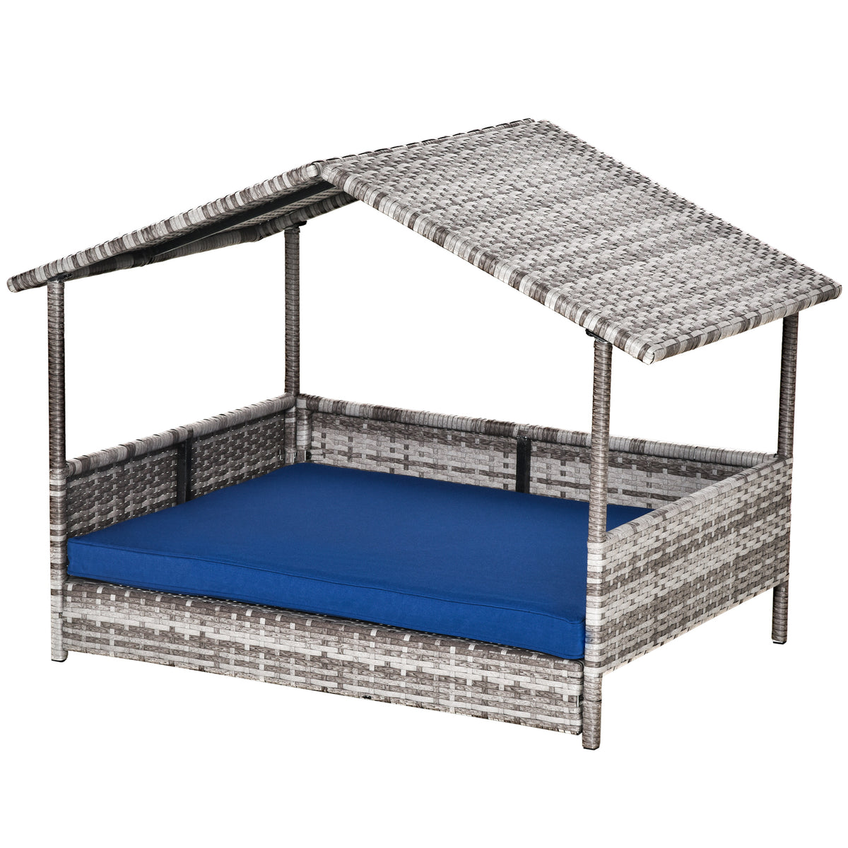 Rattan Dog House with Canopy and Water-Resistant Cushion - Dark Blue-Dogs-DECOROLALA