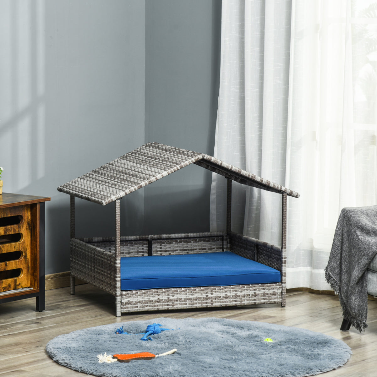 Rattan Dog House with Canopy and Water-Resistant Cushion - Dark Blue-Dogs-DECOROLALA