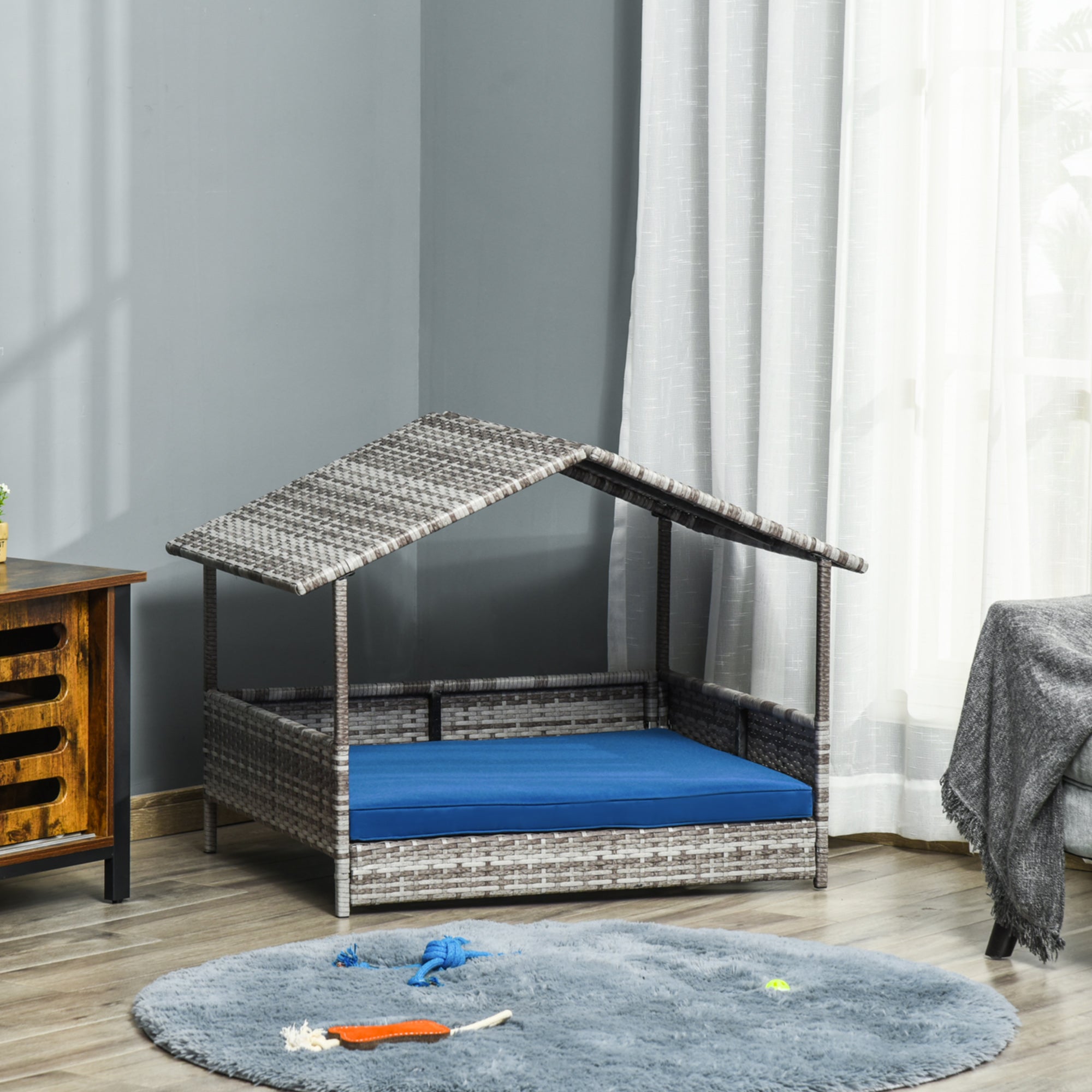 Rattan Dog House with Canopy and Water-Resistant Cushion - Dark Blue-Dogs-DECOROLALA