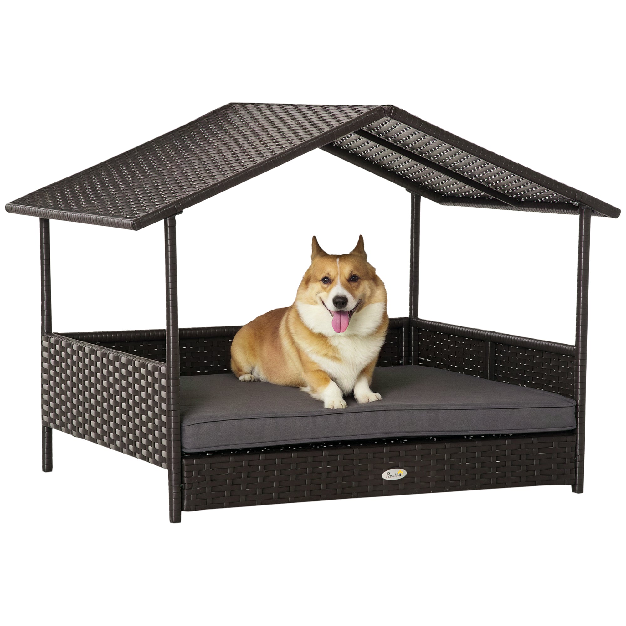 Rattan Dog House with Canopy and Water-Resistant Cushion - Grey-Dogs-DECOROLALA