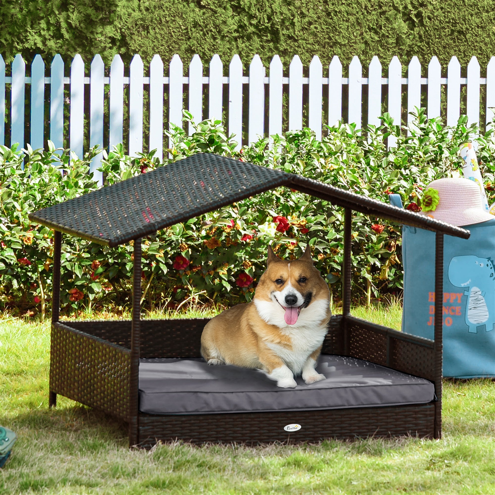 Rattan Dog House with Canopy and Water-Resistant Cushion - Grey-Dogs-DECOROLALA