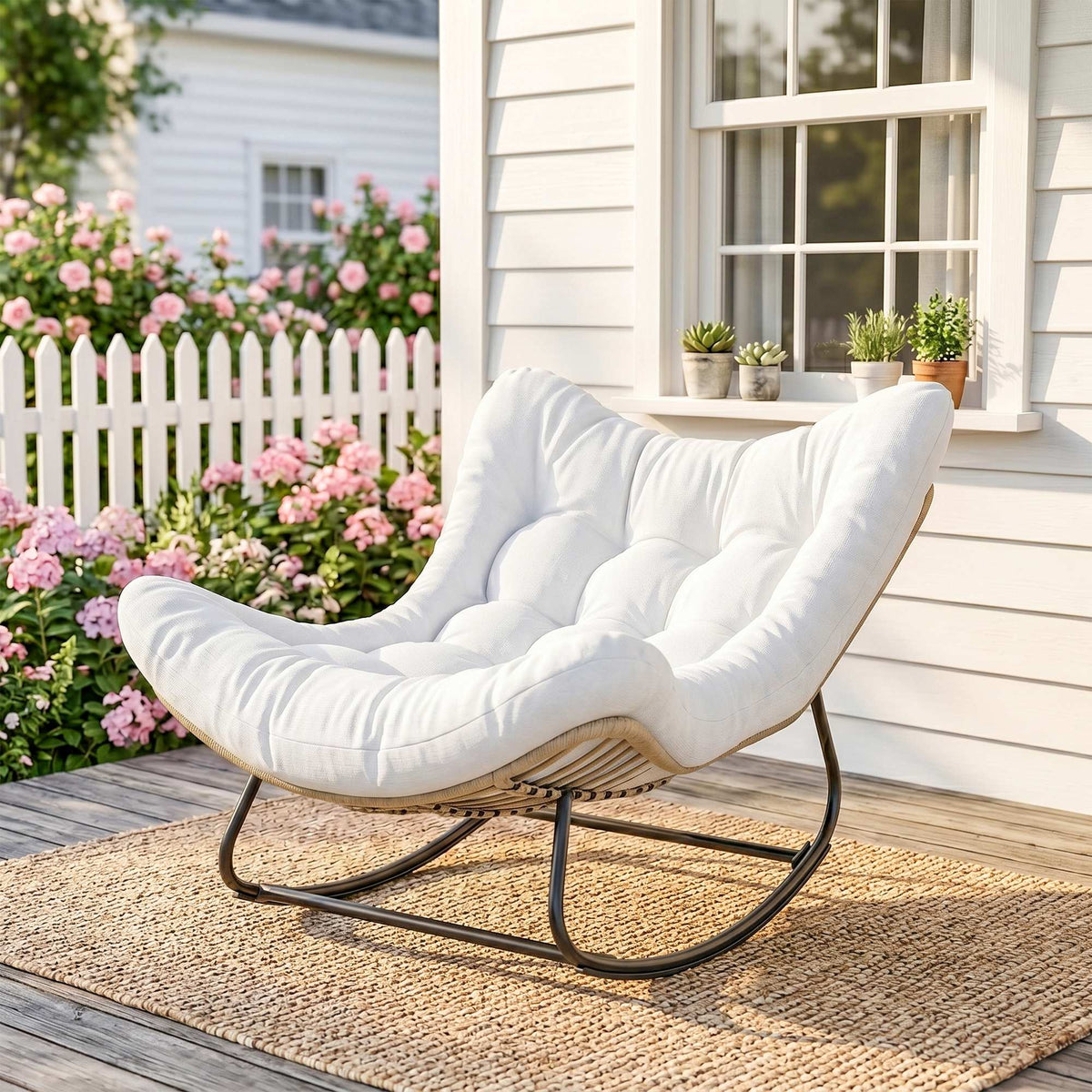 Rattan Egg Chair - Cream White Outdoor Rocker-Outdoor Rocking Chairs-DECOROLALA